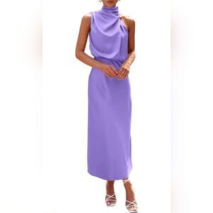 PRETTYGARDEN Purple Satin Asymmetric Mockneck Midi Dress